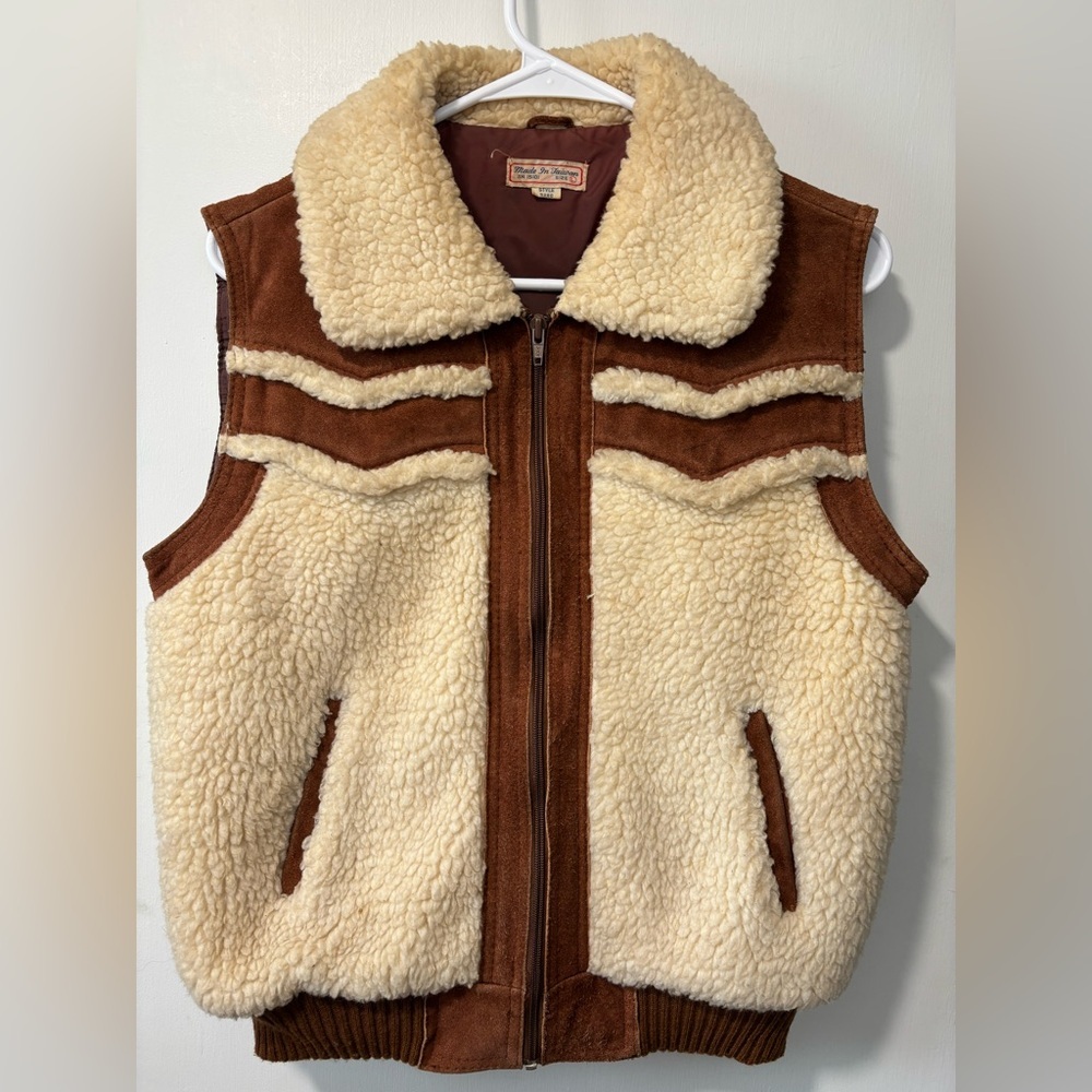 Vintage Leather Suede Sherpa Bomber 70’s Crop Vest Ranch Wear Western Yoke Sz L